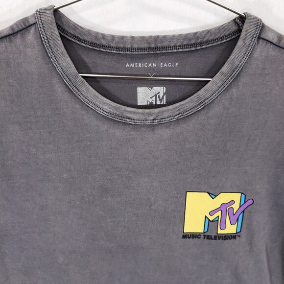 American Eagle MTV T Shirt Mens Small Gray Retro Wash Graphic Crew Neck Tee - Picture 2 of 6
